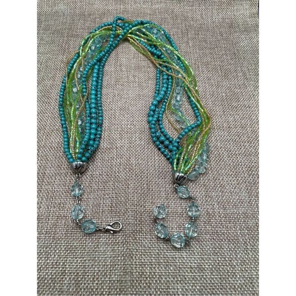 VINTAGE IRIDESCENT GREEN SEED BEADS MULTI-STRANDS TORSADE NECKLACE - Picture 6 of 7